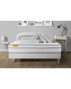 Pack matelas + sommier kit blanc 180x200 Memo Luxe Ressorts ensaches + memoire de forme + Couette + 2 oreillers