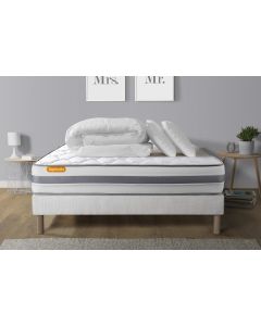 Pack matelas + sommier 140x190 Memo Spring Ressorts ensaches 3 zones MAXI epaisseur + Couette + 2 oreillers