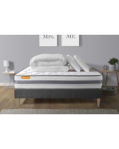 Pack matelas + sommier kit gris 140x190 Memo Spring Ressorts ensaches MAXI epaisseur + Couette + 2 oreillers