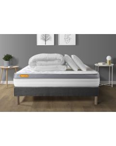 Pack matelas + sommier gris 160x200 Memo Zen Mousse a memoire de forme 5 zones de confort MAXI epaisseur + Couette + 2 oreillers